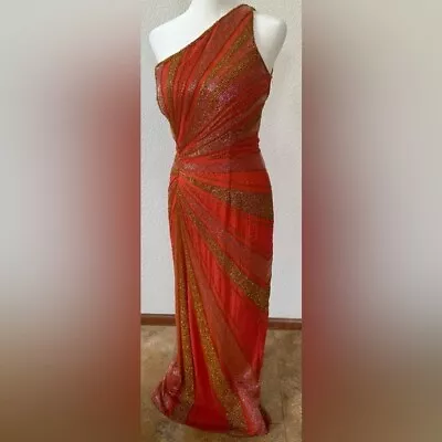 JE MATADI Sean Mehta Stunning VTG Beaded Evening Gown Red Orange Gold INDIA Sz S • $175