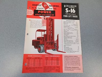 Old 1956 Gerlinger S-16 Forklift Sales Sheet 18000 Pound Pallet Truck • $40