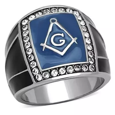 Mens Masonic Ring Signet Military Blue Stainless Steel Enamel Pinky New 1612 • £22.99