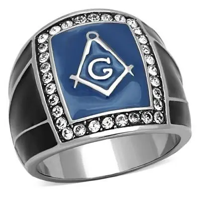 Mens Masonic Ring Signet Military Blue Stainless Steel Enamel Pinky SIZE W 12 • £12