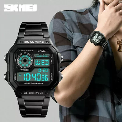 Mens Watch Digital Stainless Steel Waterproof Wrist SKMEI Black Fashion Casual • £12.99