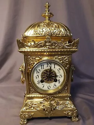 C1900 Fritz Marti Antique Classical Square Gilt Brass Table Clock Lions • $1250