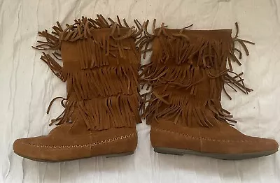 Knee High Fringe Suede Moccasin Boots Size 10 • $10