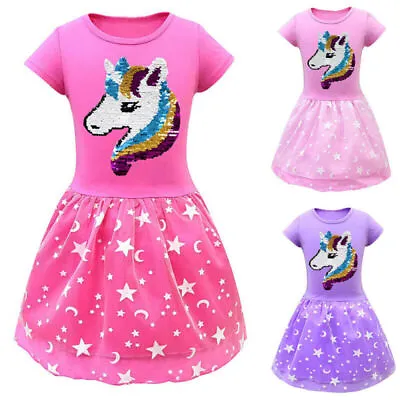 Kids Girls Unicorn Princess Dress Summer Birthday Party Ball Gown Midi Sundress • $19.94