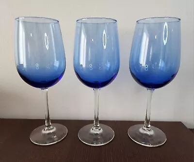 Set Of 3 Cobalt Blue Wine Glasses/Goblets With Clear Stems 9.75  Tall • $24.99