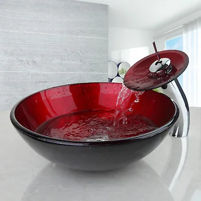 £69.98 • Buy UK Bathroom Red Round Tempered Glass Basin Set Vessel Vanity Sink Bowl + Taps
