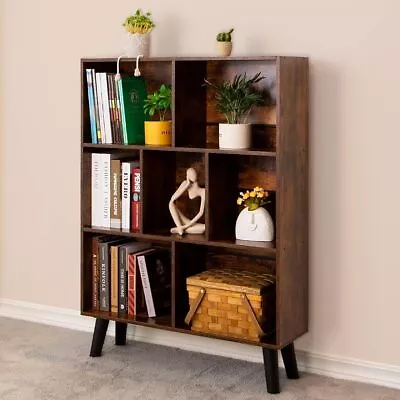 Cube Bookshelf 3 Tier Storage Mid-Century Rustic Brown Modern Bookcase With Legs • $89.74