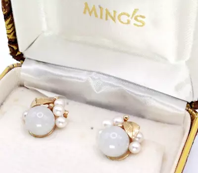 14k Gold Jade Pearl Earrings Ming's Of Honolulu Hawaii • $849