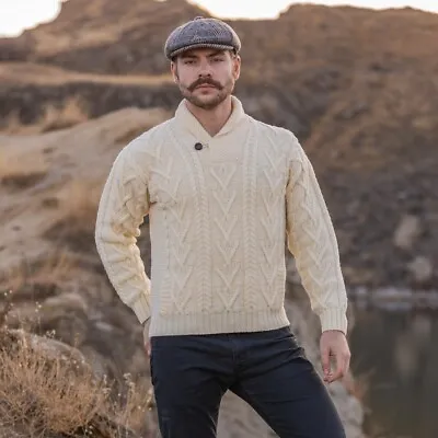 SAOL Aran Irish Fisherman Merino Wool Sweater Men's Cable Knit Shawl Pullover • $92.50