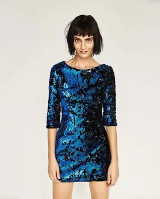 Zara Blue Sequin Velvet Evening Collection Mini Dress • $35