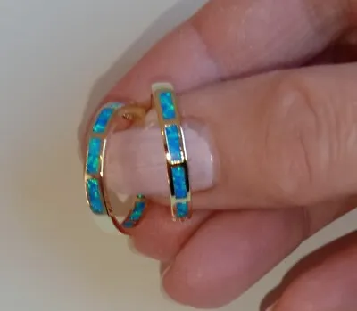 $30 • Buy 9ct Yellow Gold Filled Blue Opal Hoop Earrings