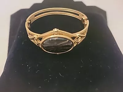 Vintage Whiting & Davis Gold Tone Black Oval Sparkle Hinge Bracelet • $24