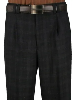 Men's Wide Leg Pants One Pleated 100% Wool Color Charcoal Plaid Art.666113 • $69.99