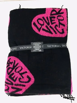 VS Victoria's Secret Logo Black & Pink Heart Blanket Fringe Trim 50 X 60 NEW • $47.50