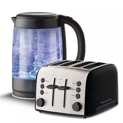 Russell Hobbs Brooklyn Glass Kettle + Toaster Pack - Black • $216.25