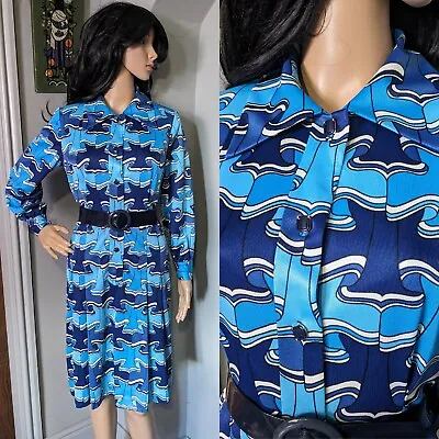 £42.99 • Buy Vintage 70s 60s Blue Abstract Psychedelic Silky A Line Shirt Dress 12 40