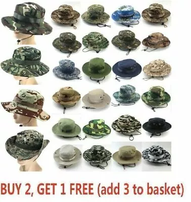 Camo Bucket Hat Wide Brim Military Hats Sun Boonie Hunting Fishing Outdoor Cap﹏ • $12.49