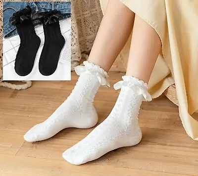 Women Tween Girl Ruffle Frilly Lace Trim Creamy White Or Black Dress Short Socks • $10.50