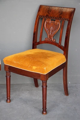 $99 • Buy Pair Antique French Empire Chairs Flame Mahogany Carved Lyre Backs Column Legs 