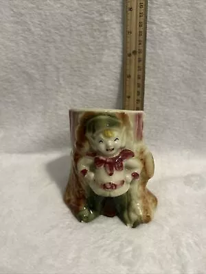 Vintage Elf Planter Pixie In Front Of Tree Stump Ceramic Hand Painted 4  Tall • $7