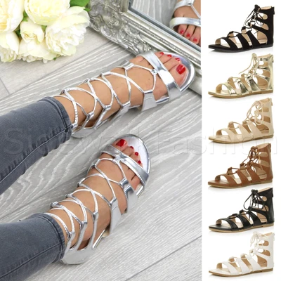 £12.99 • Buy Womens Ladies Flat Lace Up Strappy Ankle Tie Gladiator Ghillie Sandals Size