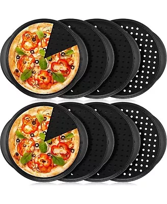 8 Pack Carbon Steel Pizza Pans With Holes And Handle 14 Inch Non Stick Tray • $17