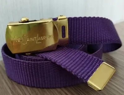 Vtg 1980s Designer Yves Saint Laurent Adjustable Gold Buckle Purple Nylon Belt • $34.99