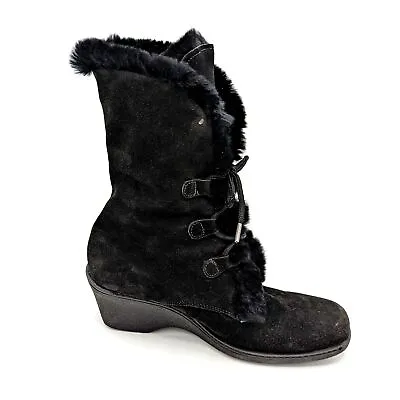 Maxine Of Canada Angora Rabbit Fur WEDGE Heel Boots Size 6 M - Black Leather • $35.96