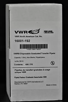 VWR 16001-192 Disposable Graduated 1.5mL Transfer Pipets Non-Sterile Box Of 400 • $8.50