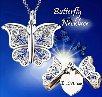 S925 Sterling Silver Filled Butterfly I Love You Engraved Heart Necklace UK • £7.99