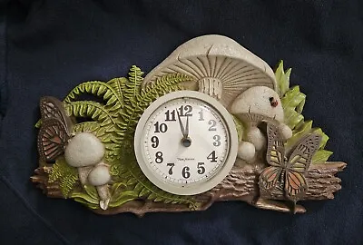 Vintage Burwood New Haven Mushroom Wall Clock Butterflies Fern Lady Bug Log 1975 • $60