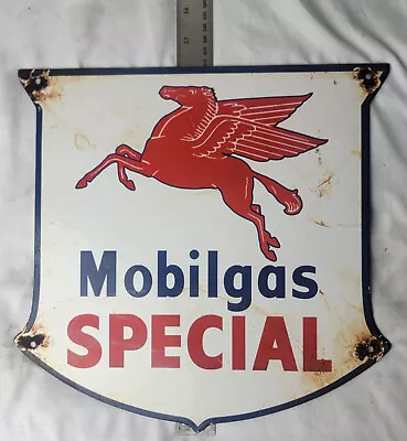 Vintage Mobilgas Sign - Porcelain Mobil Gasoline Pegasus Shield Gas Pump Sign • $150