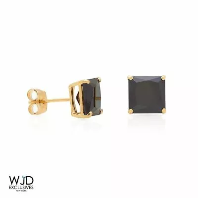 2Ct Simulated Black Diamond Princess Cut 14K Yellow Gold Pushback Stud Earrings • $78.38