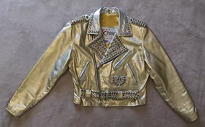 Vintage 80s Xpose By Yari Metallic Gold Leather Motorcycle Jacket Cropped Size M • $199.99