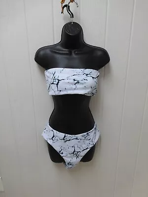 Zaful White Marble Print Bandeau Bikini Size 6 (M) High Waist Bathing Suit • $15.29