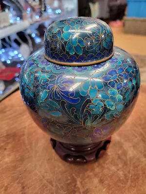 Vintage Chinese Blue And Green Flower Cloisonné Enamel & Brass Ginger Jar • $110