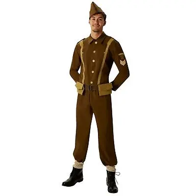 Mens World War 2 Soldier Costume Military Army Uniform History Adult Fancy Dress • £18.50