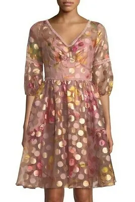 $695 New Marchesa Notte Polka Dot Flared Dress Bubble Sleeve Fil Coupe Blush 8 • $350