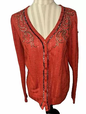 Miss Me Button Cardigan Lightweight Sweater Women’s L Orange Beaded Mixed Media • $18.99