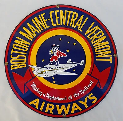 Boston Main Central Vermont Airways Airplane Aviation Porcelain Sign 11-3/4  • $99.95