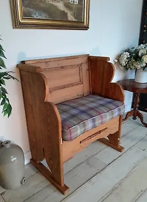 £250 • Buy Antique Pine Monks Bench Panelled Back Solid Storage Tartan Checked Cushion 