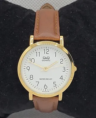 Ladies QQ Classic Dress Gold Tone White Dial Brown Leather Strap Analog Watch K5 • $24.99