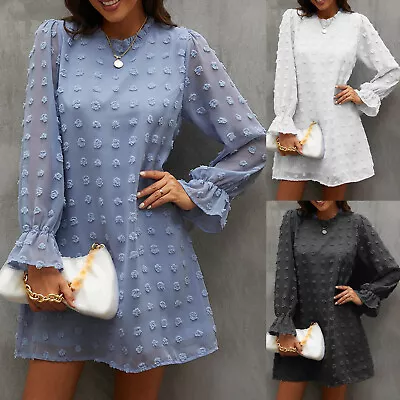 Womens Summer Fashion Casual Loose Bubble Long Sleeve Lace Collar Short Dress • $22.99