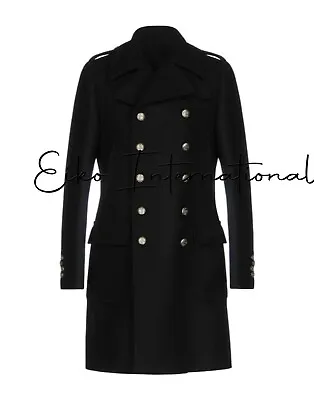 Men Wool Military Trench Coat Black Long Jacket Double Breasted Officer Blazer • $153.37