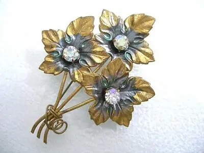 Austria Vintage Brooch Pin Brass Treated Leaves Aurora Borealis Center  • $15