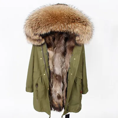 Women's Warm Parka Real Raccoon Fur Collar Coat Winter Jackets Hooded Overcoat • $193.89