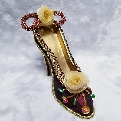 Vintage Mini High Heel Decorative Figurine Resin Shoe Burgundy Gold Flowers Bead • $8.98