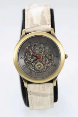 Relic Watch Men Skeleton Gold Stainless Steel Beige Leather WR Battery Quartz • $34.94