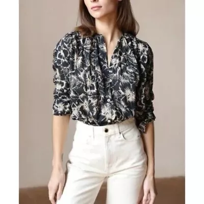 NWT Mille Florian Button Front Long Sleeve Cotton Blouse Shirt Black Hibiscus XS • $80