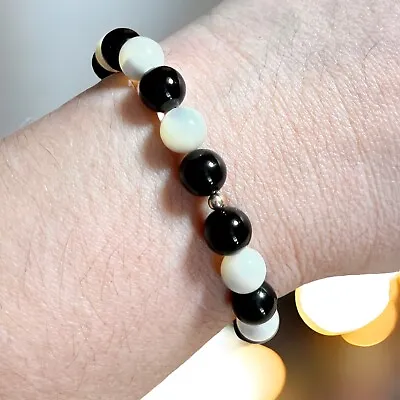 Black Onyx & Moonstone Bead Bracelet W/THREE 14k Yellow Gold Bead Accents 15.9g • $48